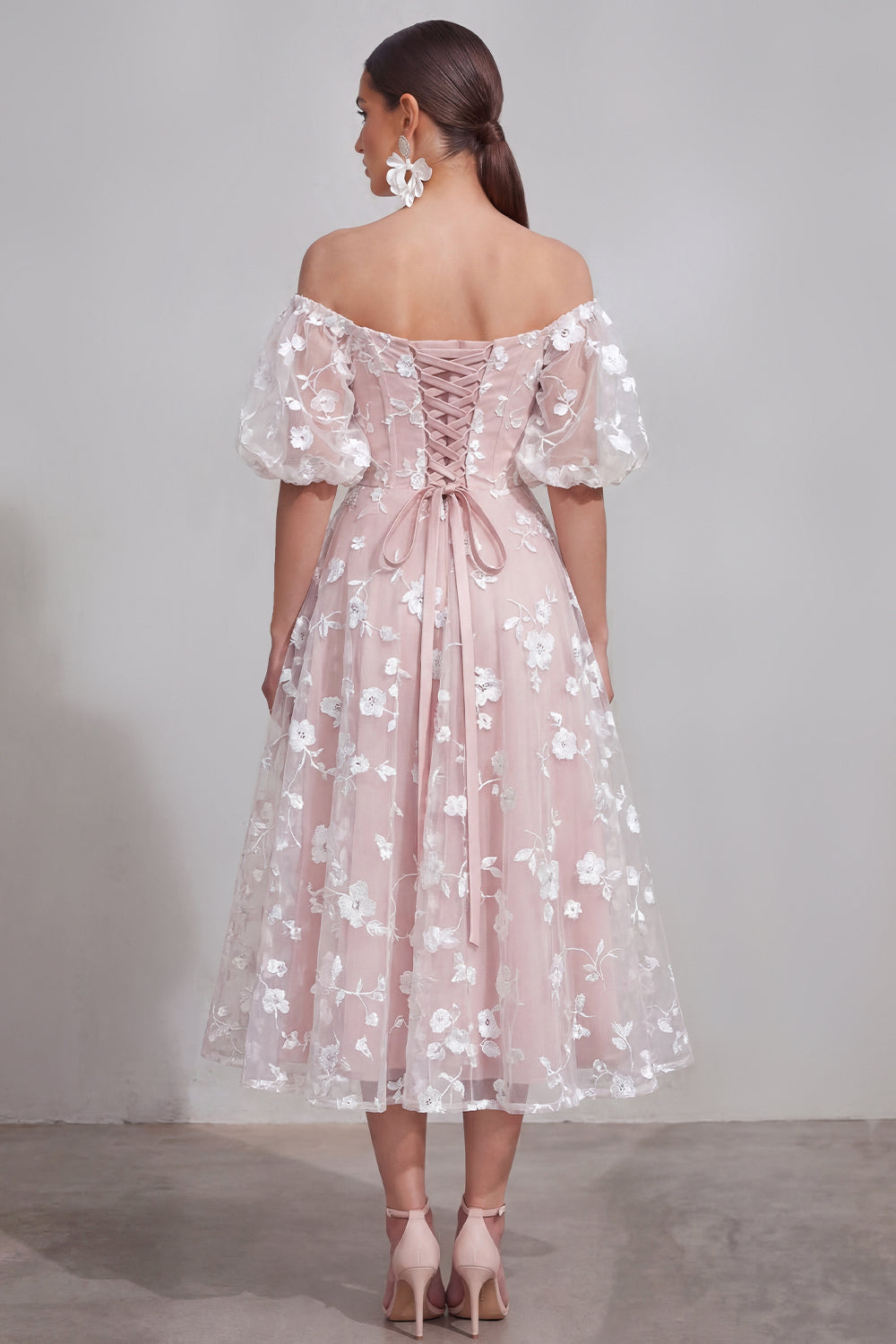 Puff Sleeves Lilac A Line Floral Ruched Maxi Formal Dress