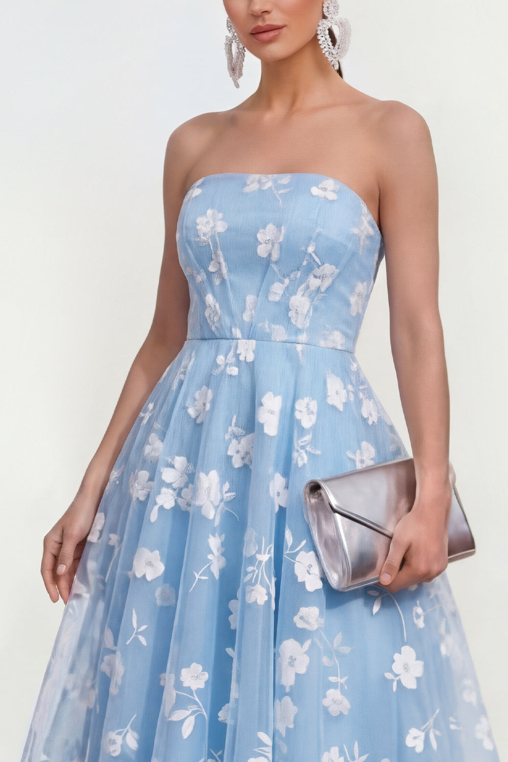 Strapless Corset Blue A Line Floral Maxi Formal Dress