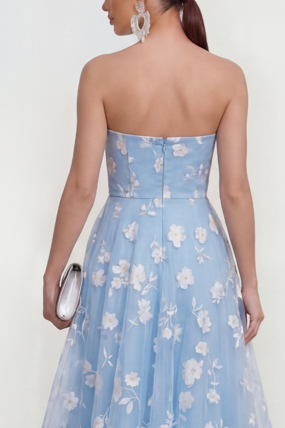 Strapless Corset Blue A Line Floral Maxi Formal Dress