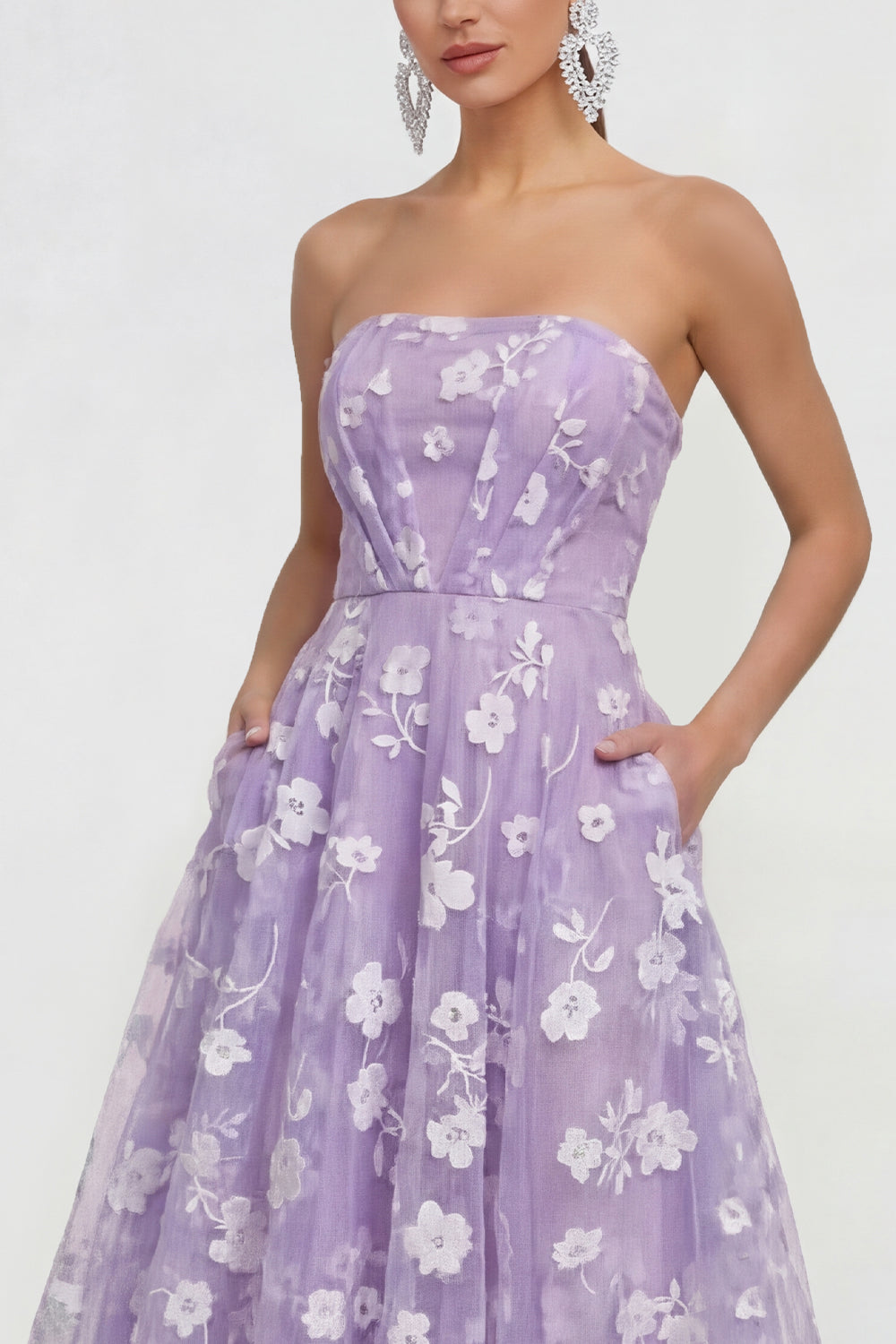 Strapless Corset Blue A Line Floral Maxi Formal Dress