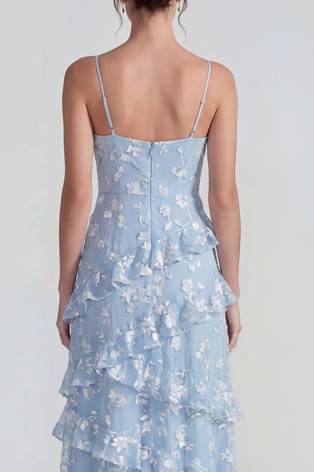 Spaghetti Straps Apricot A Line Floral Maxi Formal Dress with Ruffles