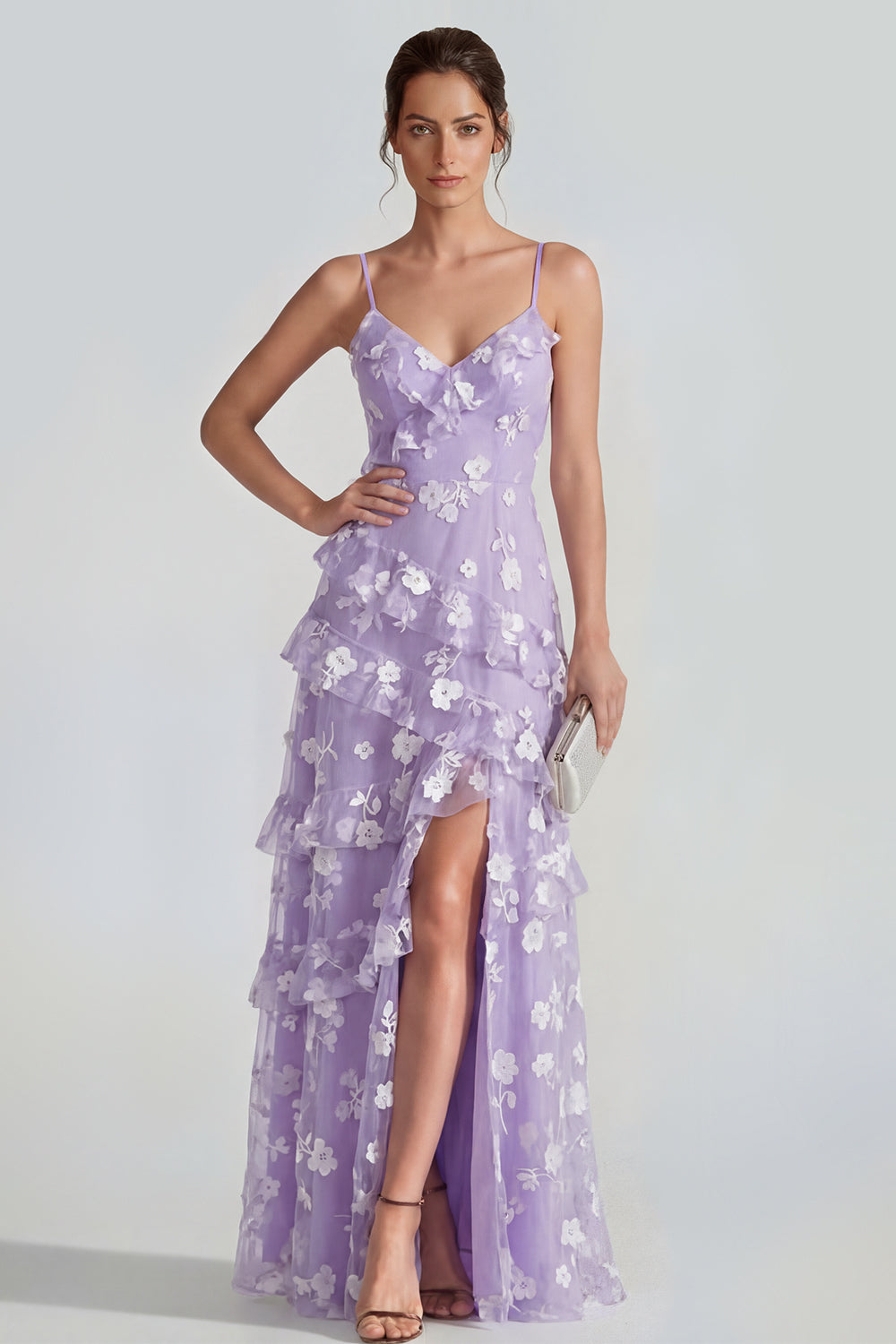 Spaghetti Straps Apricot A Line Floral Maxi Formal Dress with Ruffles