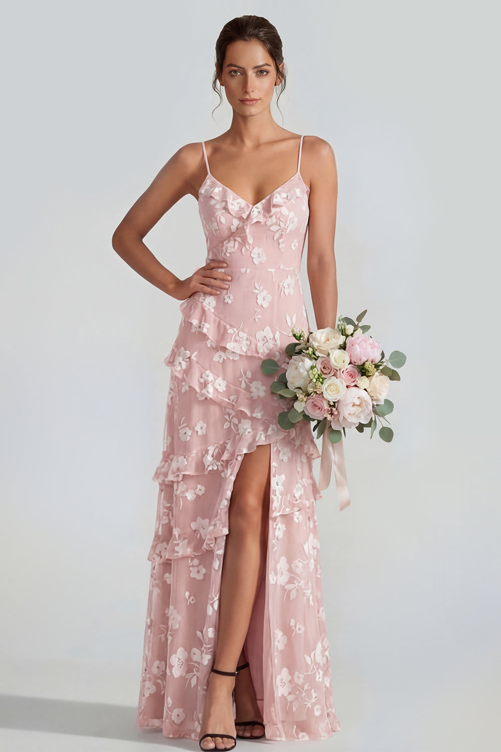 Spaghetti Straps Apricot A Line Floral Maxi Formal Dress with Ruffles