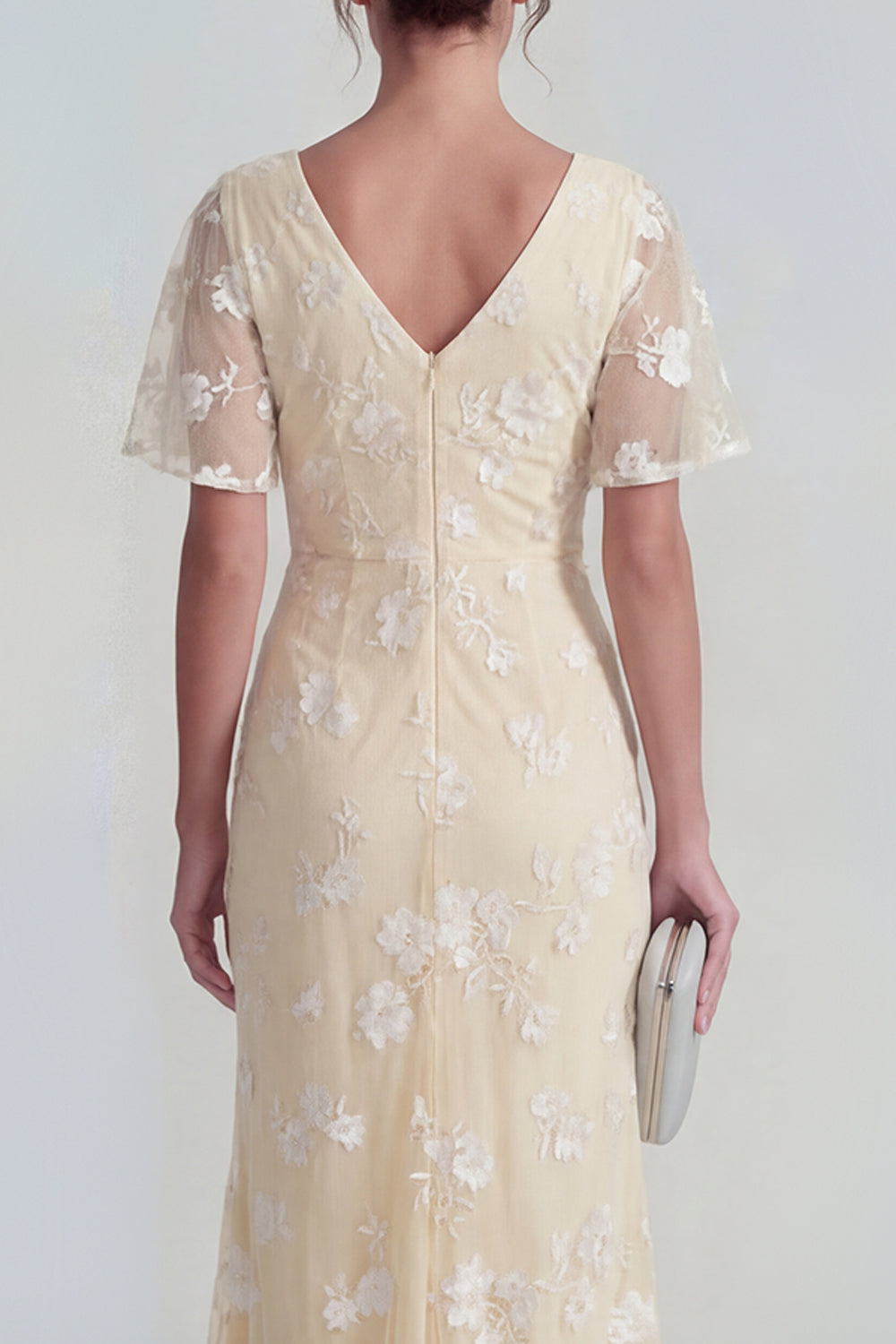 Blue Floral Flutter Sleeves Sheath Maxi Ruched Formal Dress with Slit