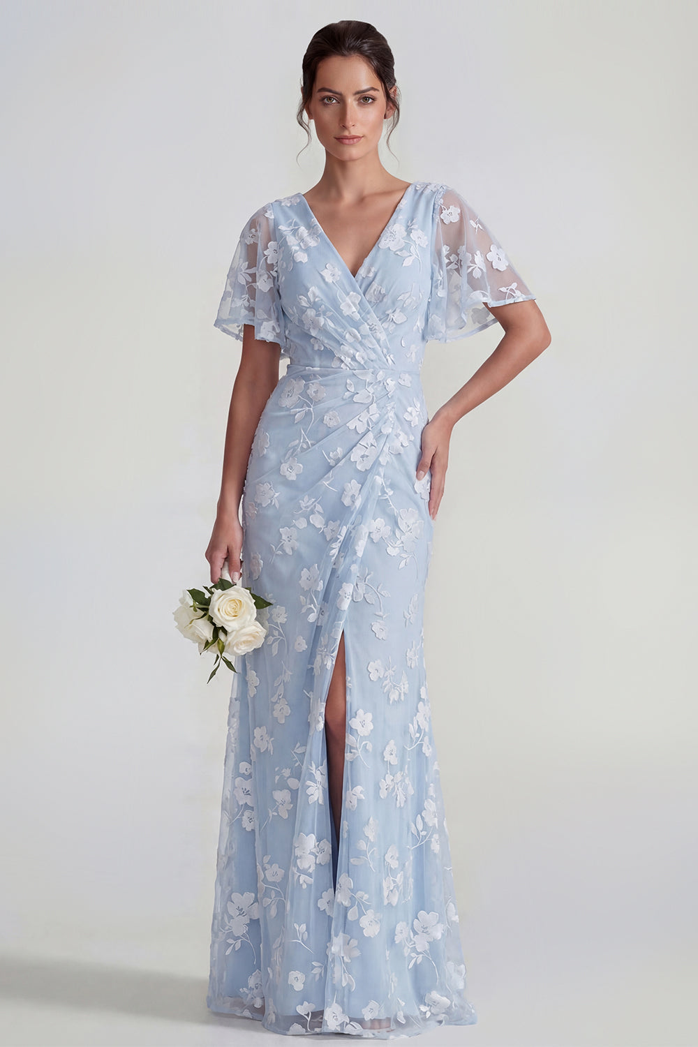 Blue Floral Flutter Sleeves Sheath Maxi Ruched Formal Dress with Slit