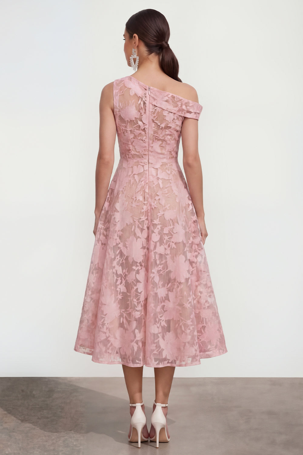 Blue Floral A Line One Shoulder Formal Dress