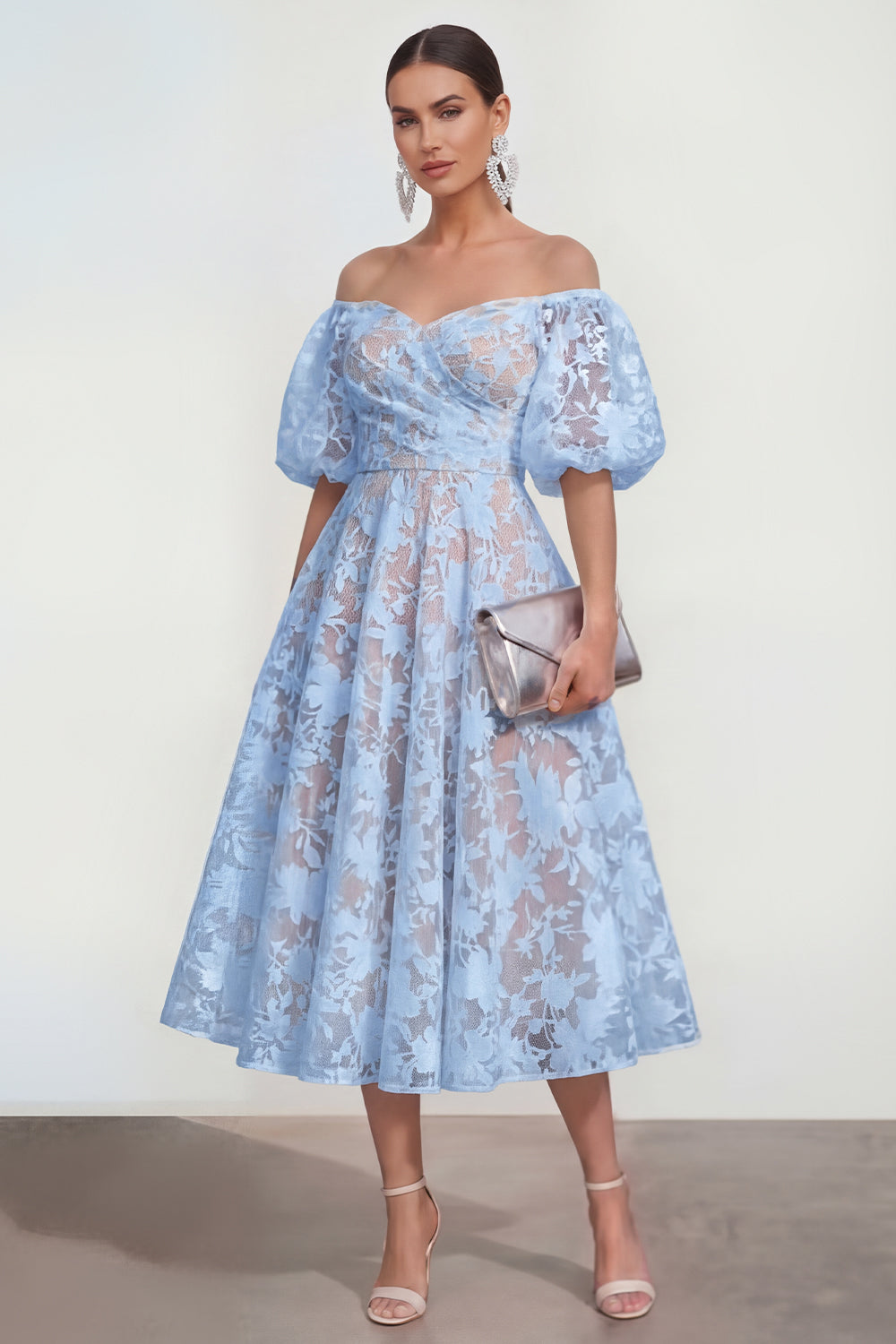Blue Floral A Line Puff Sleeves Ruched Formal Dress