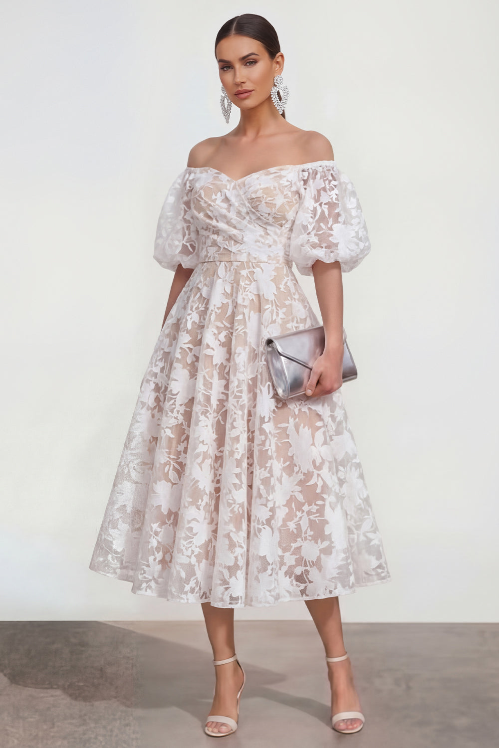 Blue Floral A Line Puff Sleeves Ruched Formal Dress