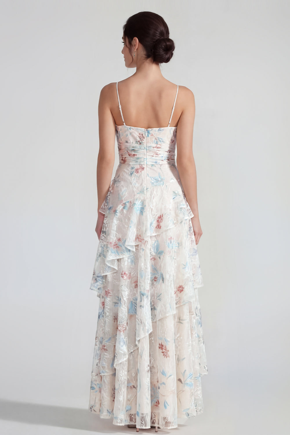 White Blue Flower Spaghetti Straps A Line Maxi Formal Dress with Ruffles