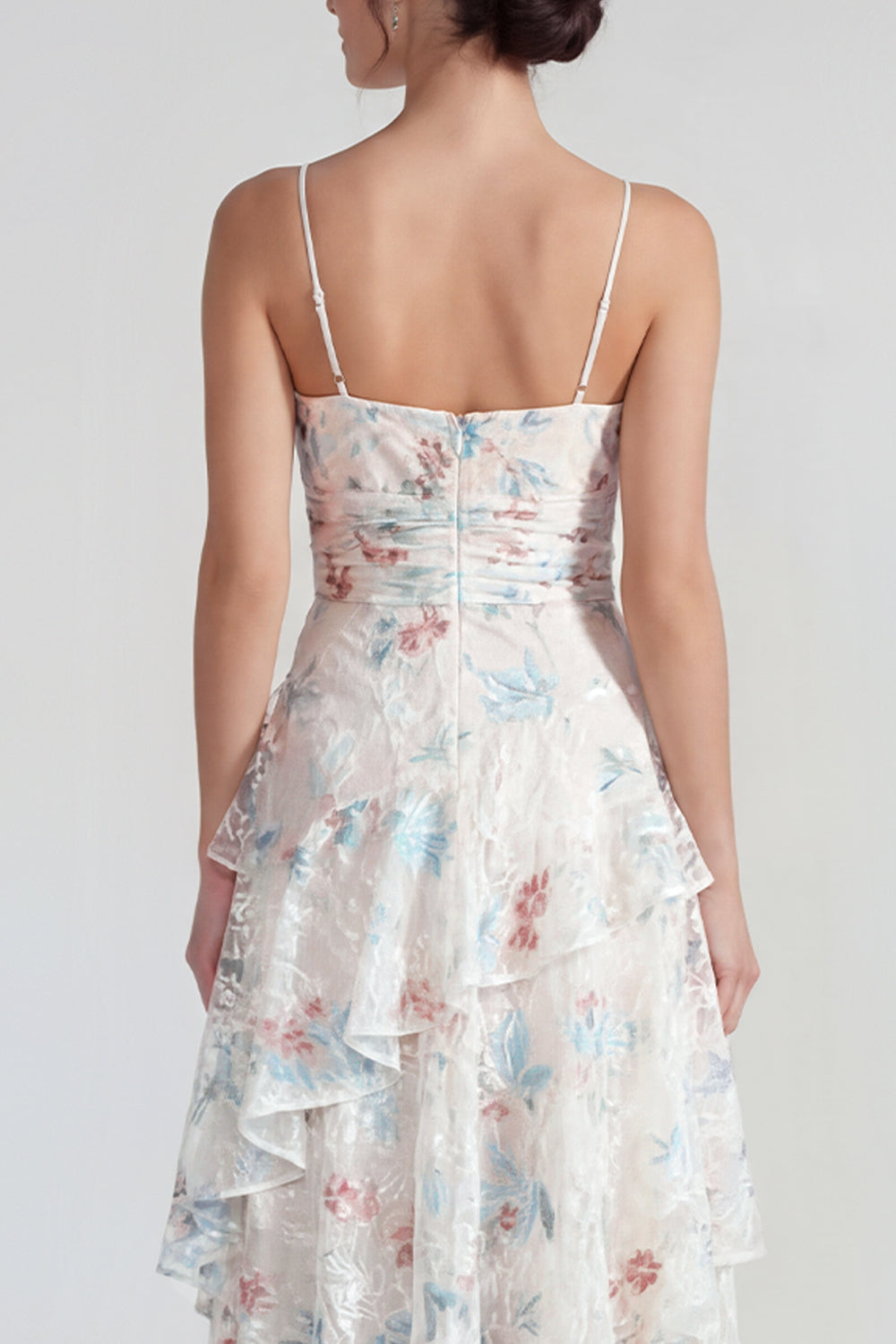 White Blue Flower Spaghetti Straps A Line Maxi Formal Dress with Ruffles