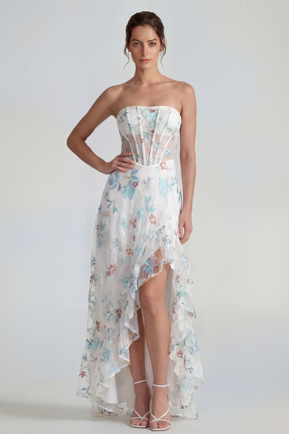 White Blue Flower Strapless Corset A Line Maxi Formal Dress with Ruffles
