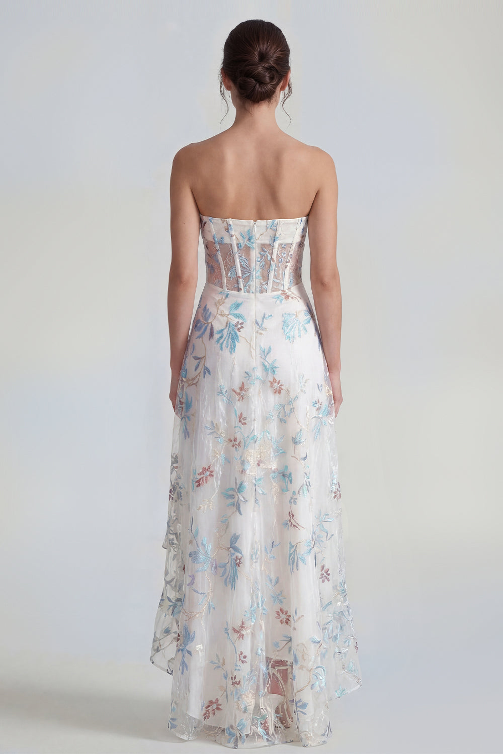 White Blue Flower Strapless Corset A Line Maxi Formal Dress with Ruffles