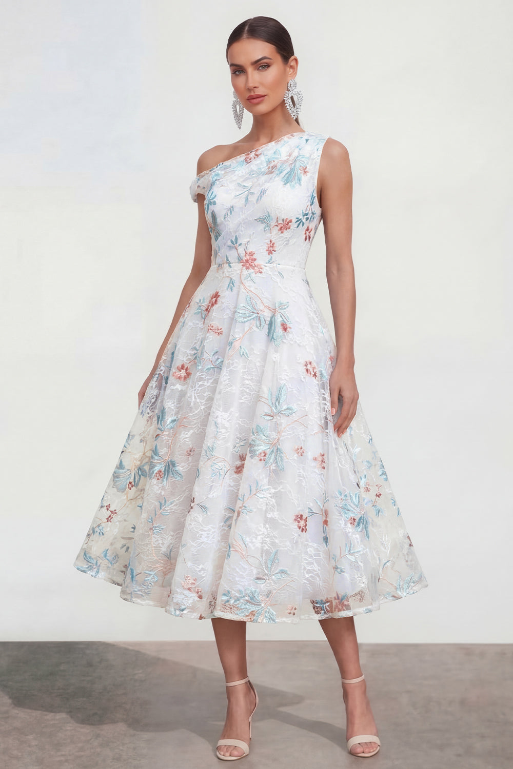 White Blue Flower One Shoulder A Line Maxi Formal Dress