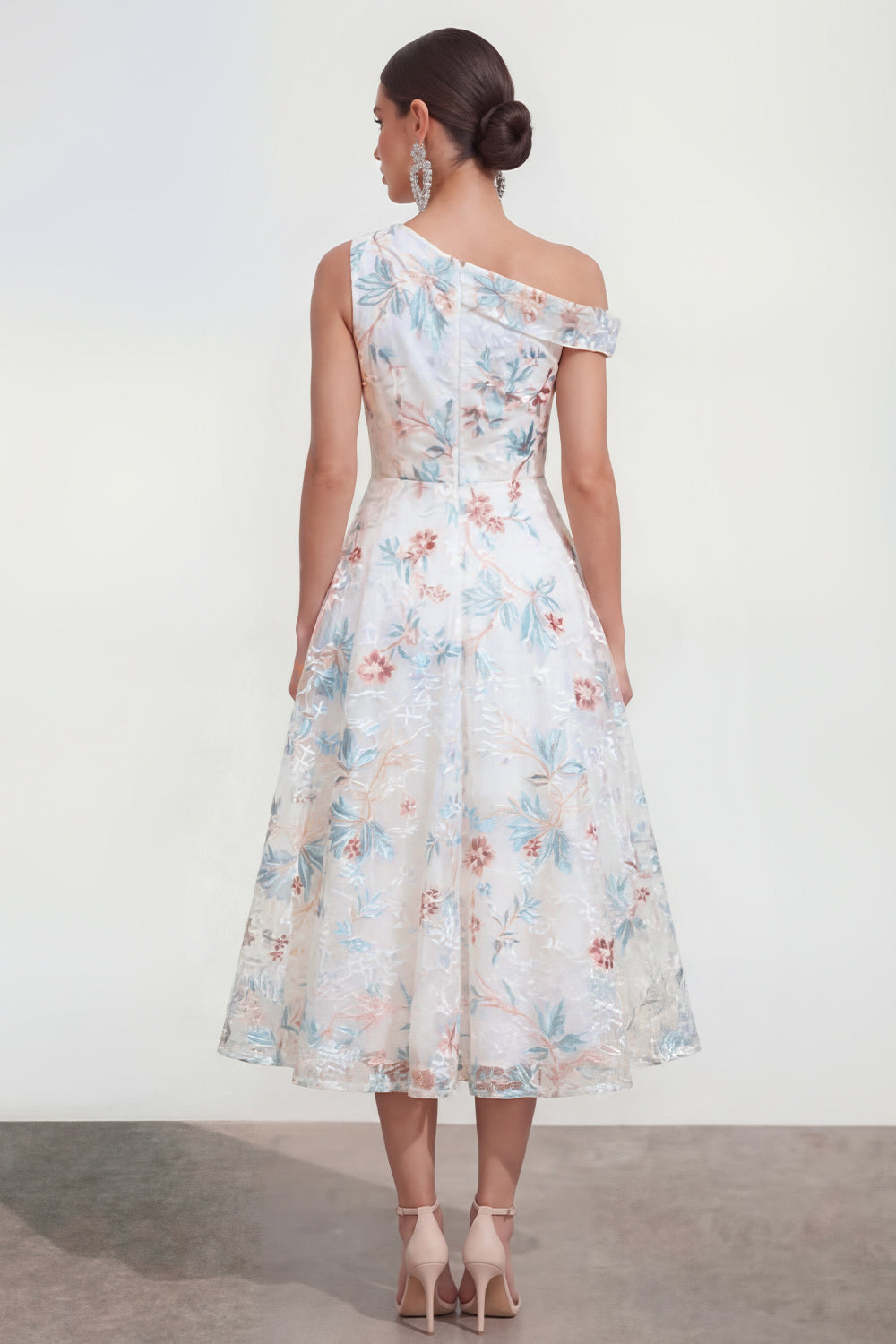 White Blue Flower One Shoulder A Line Maxi Formal Dress