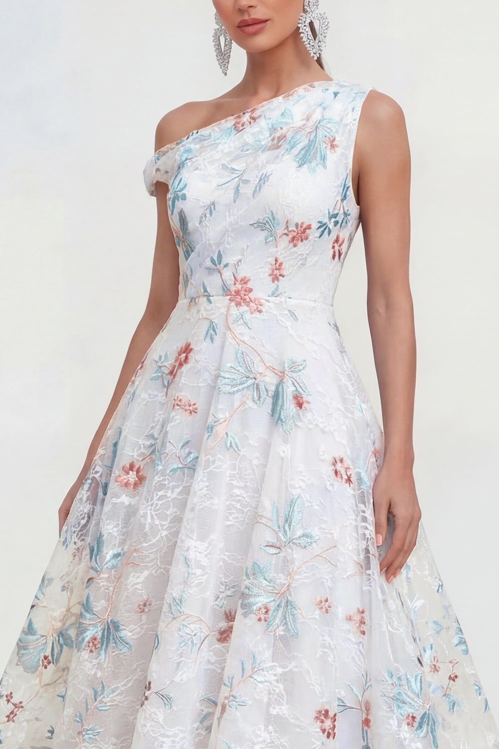 White Blue Flower One Shoulder A Line Maxi Formal Dress