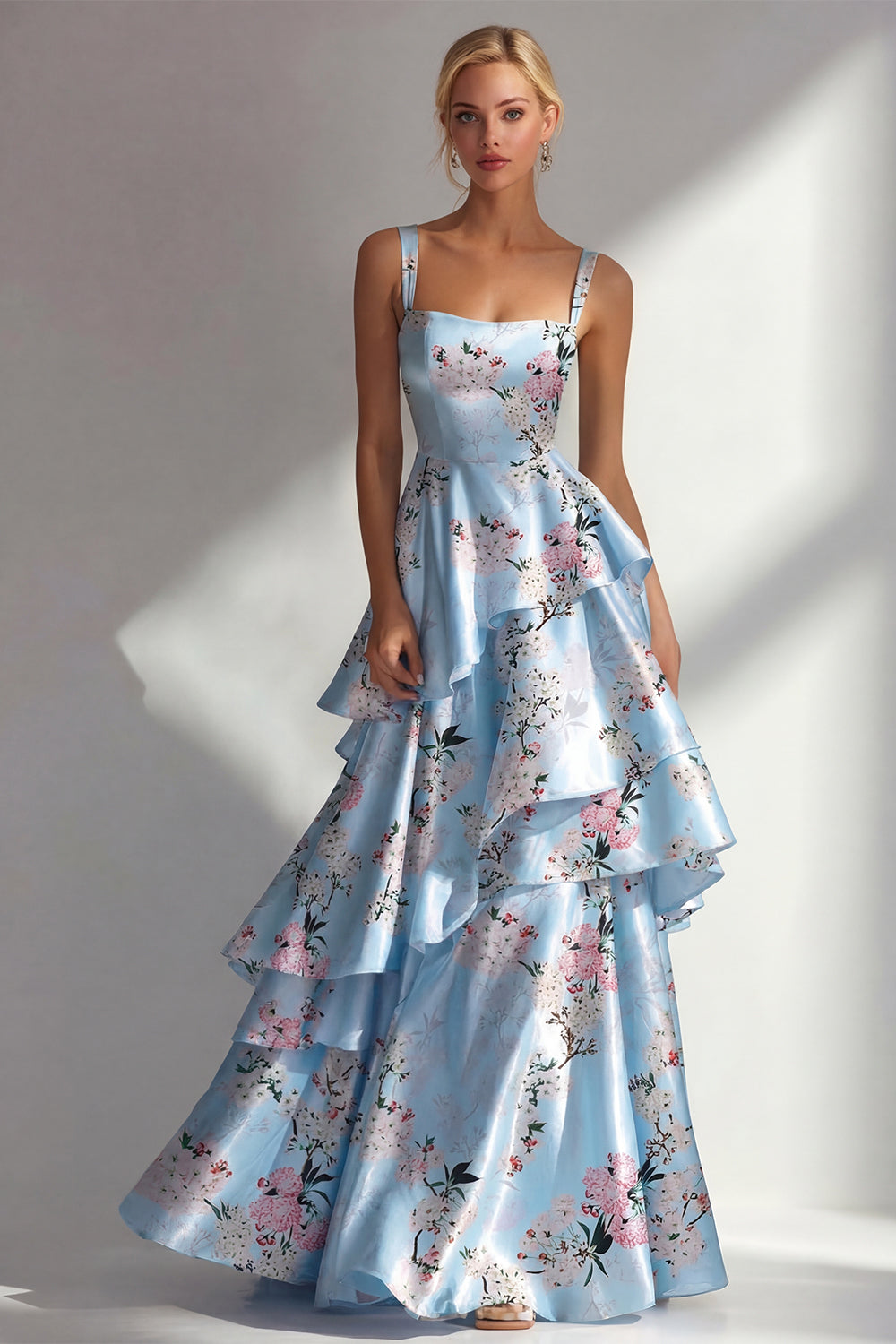 Blue A Line Floral Long Square Neck Formal Dress with Ruffles