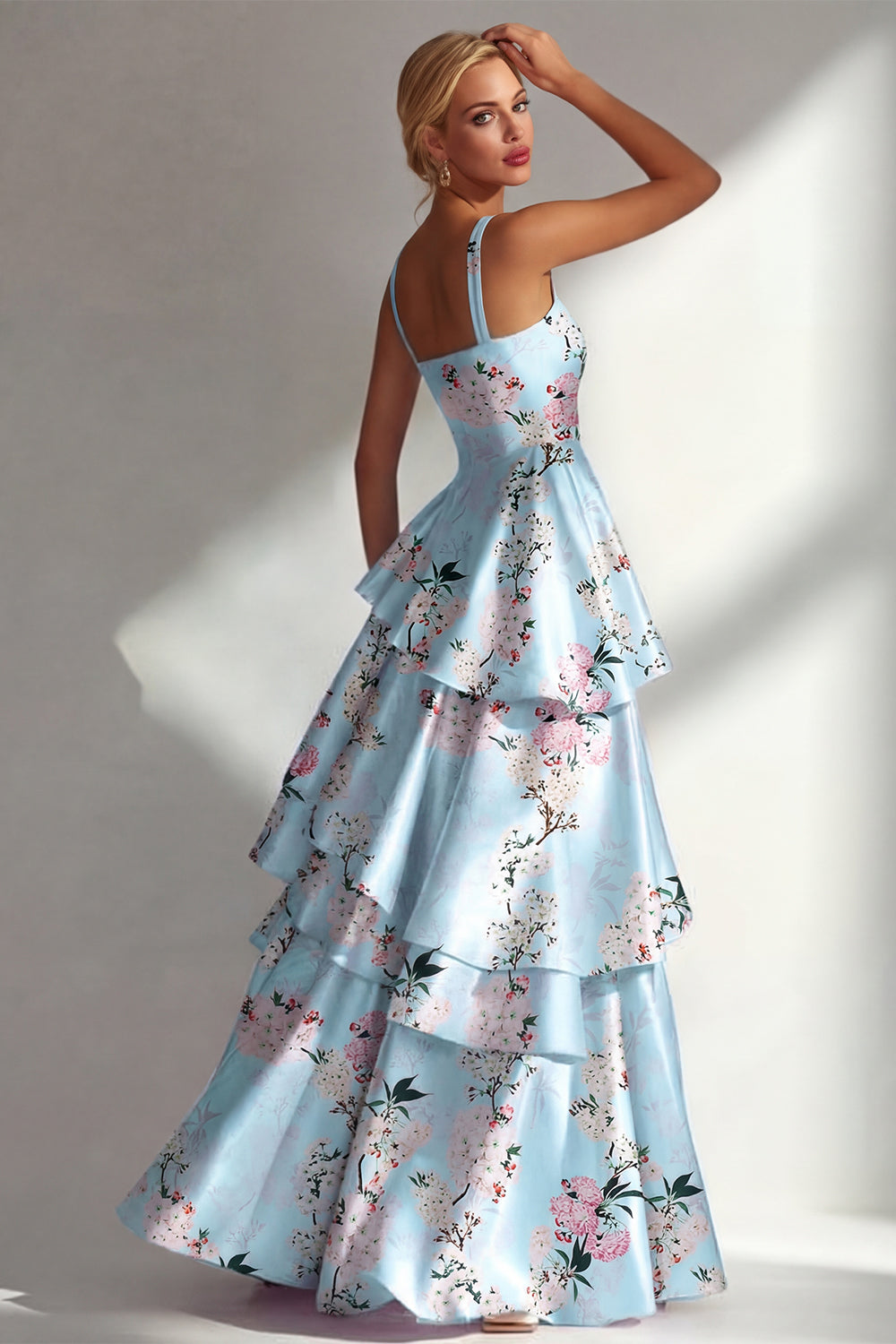 Blue A Line Floral Long Square Neck Formal Dress with Ruffles