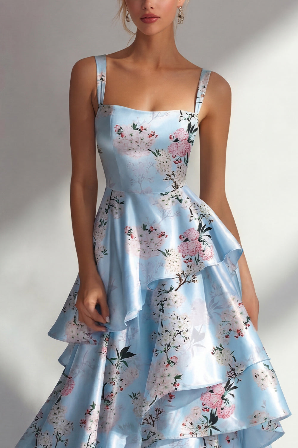 Blue A Line Floral Long Square Neck Formal Dress with Ruffles