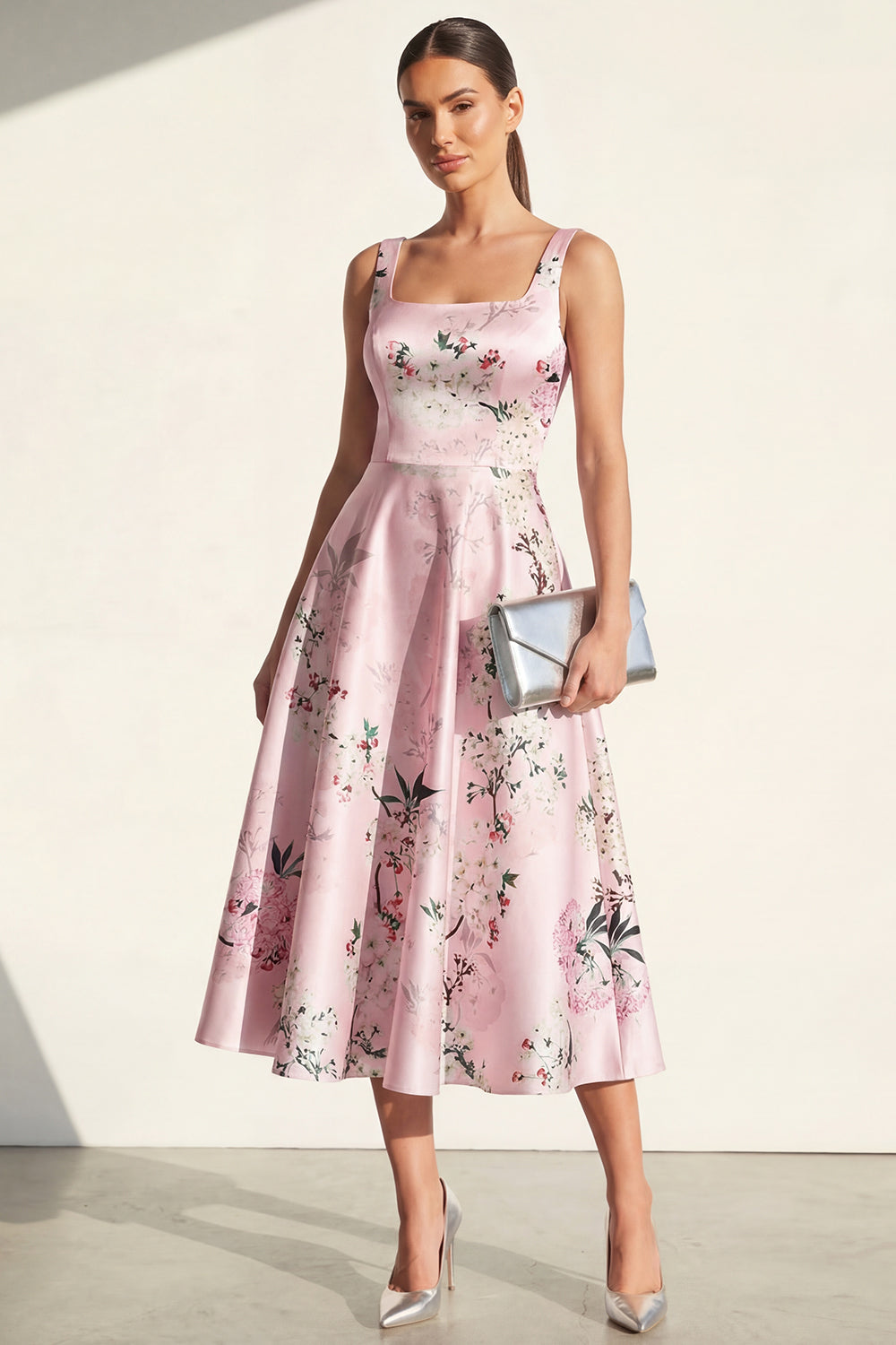 Pink A Line Floral Maxi Thick Straps Formal Dress