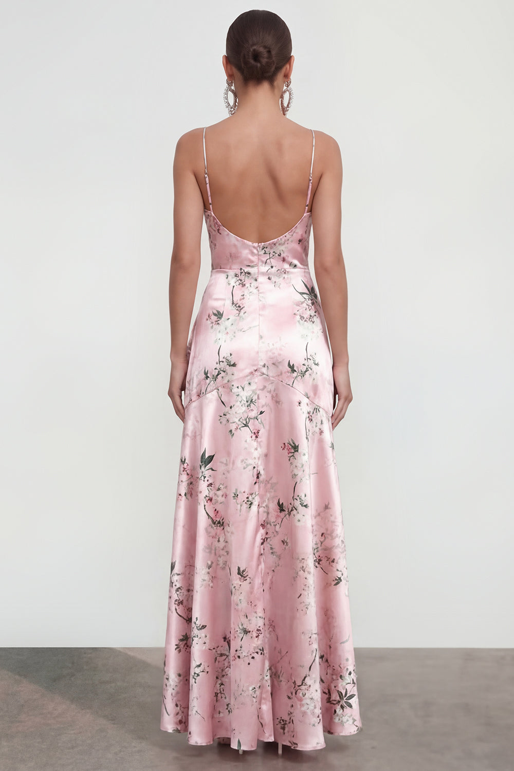 A Line Long Spaghetti Straps Pink Floral Formal Dress with Ruffles