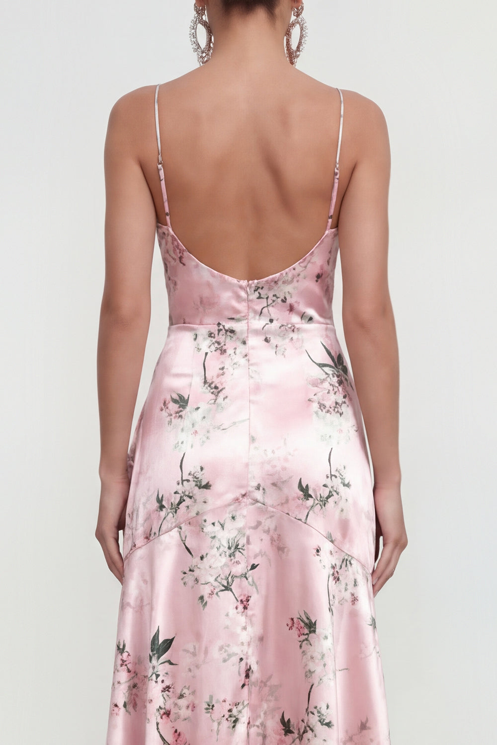 A Line Long Spaghetti Straps Pink Floral Formal Dress with Ruffles