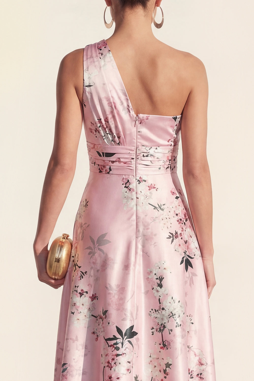 One Shoulder High Low Pink Ruched  A Line Floral Formal Dress