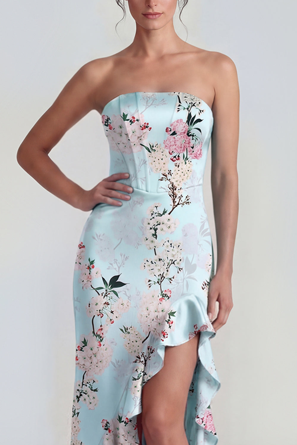 Corset Mermaid Long Blue Floral Formal Dress with Ruffles