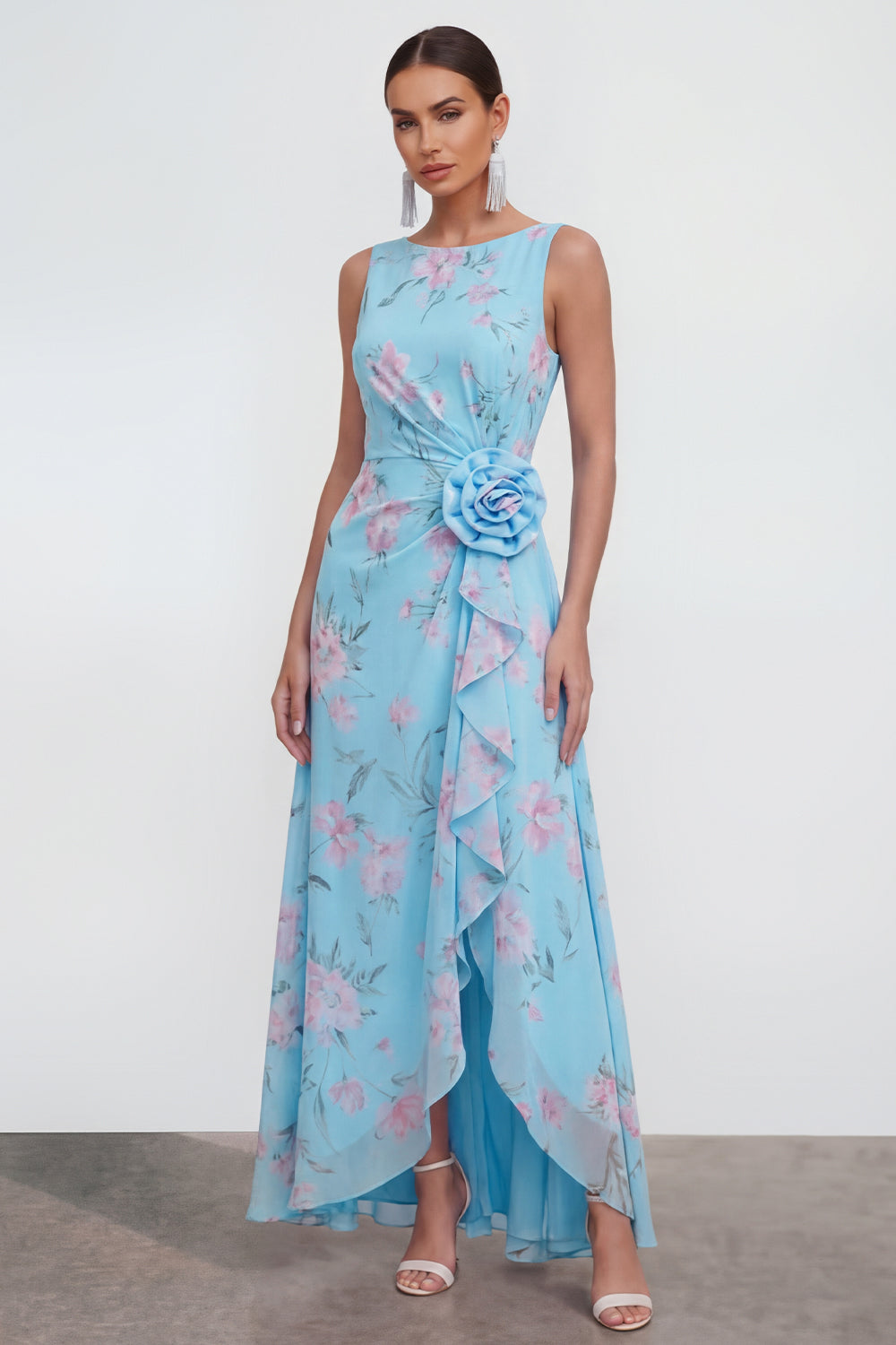 Blue Pink Flower Sheath Maxi Formal Dress with Ruffles