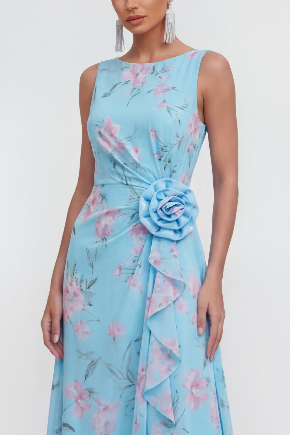 Blue Pink Flower Sheath Maxi Formal Dress with Ruffles