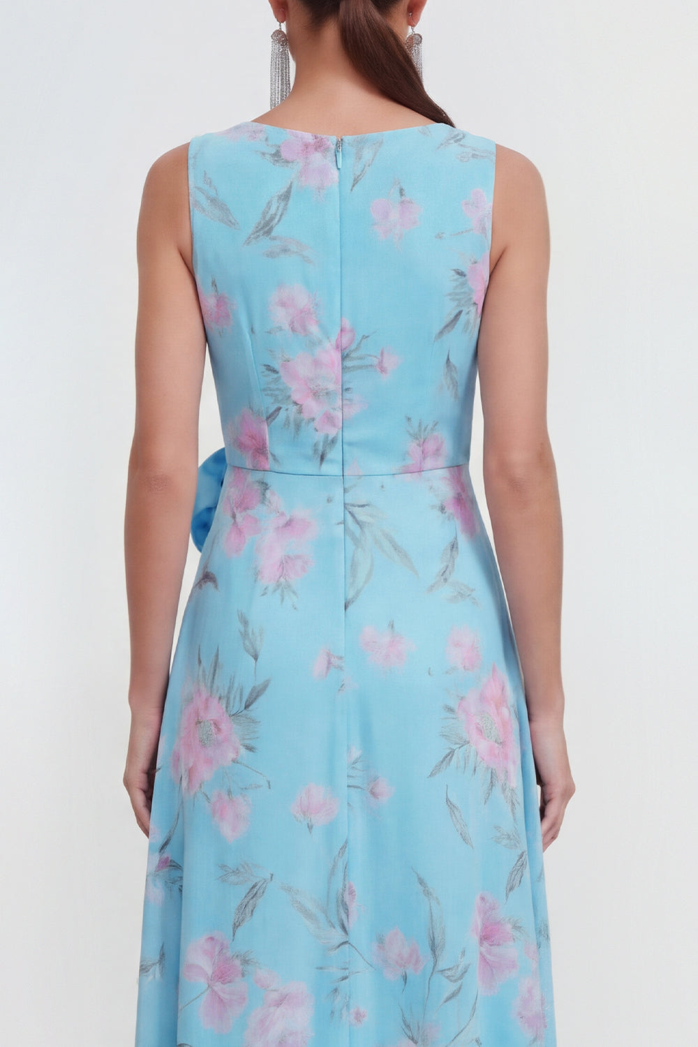 Blue Pink Flower Sheath Maxi Formal Dress with Ruffles