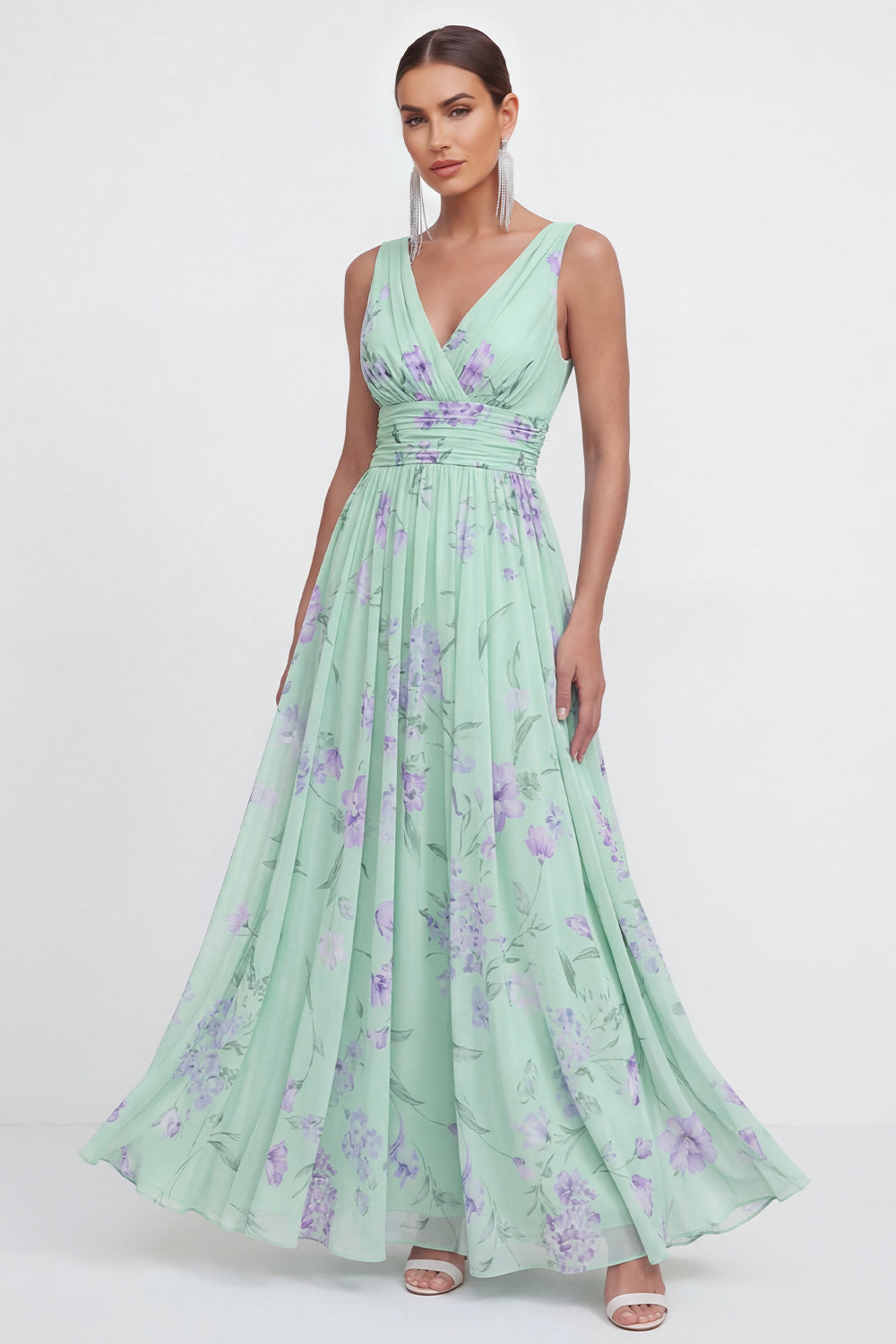 A Line Green Purple Flower Ruched Maxi Formal Dress