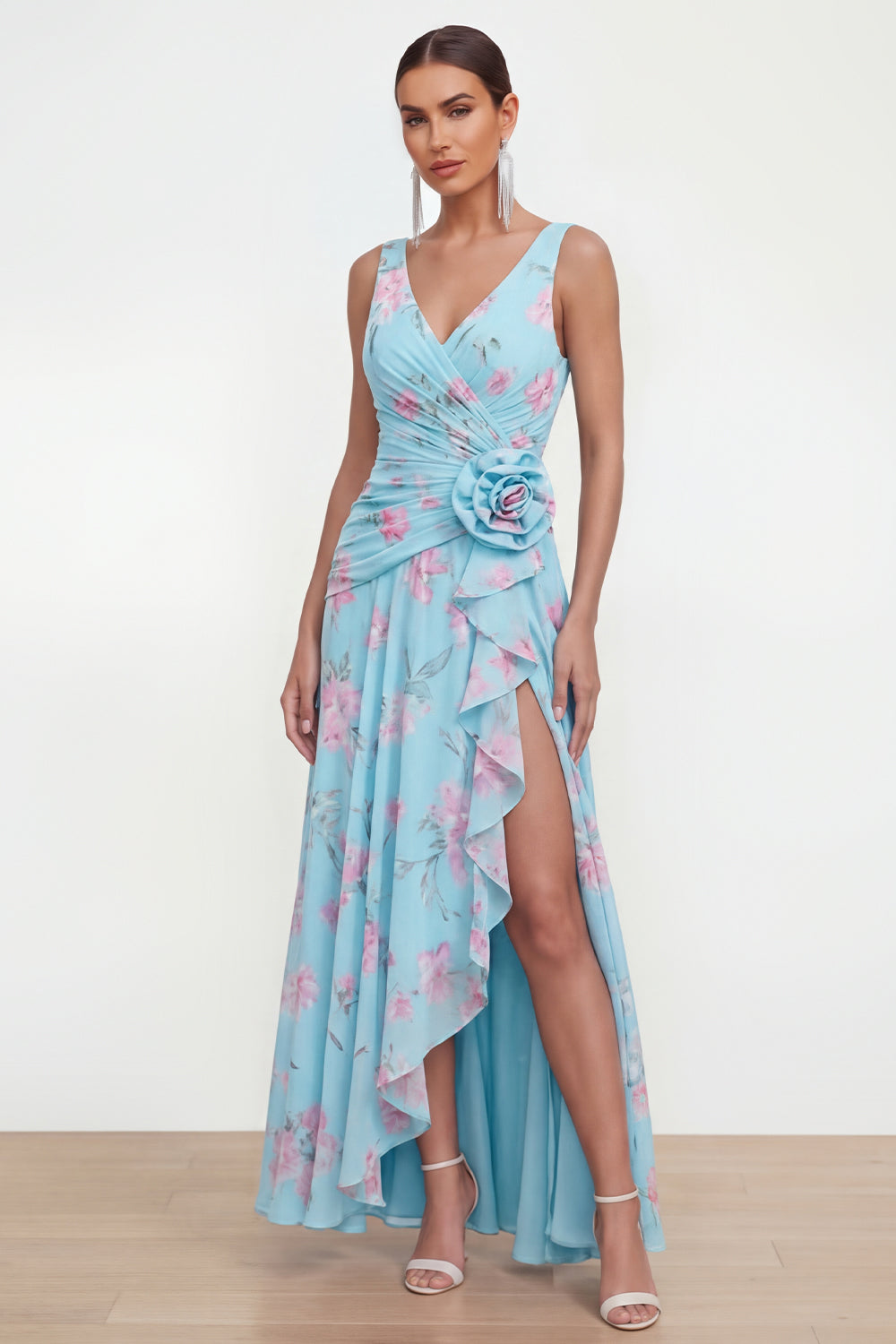 Ruffled Maxi Blue Pink Flower Formal Dress with Slit