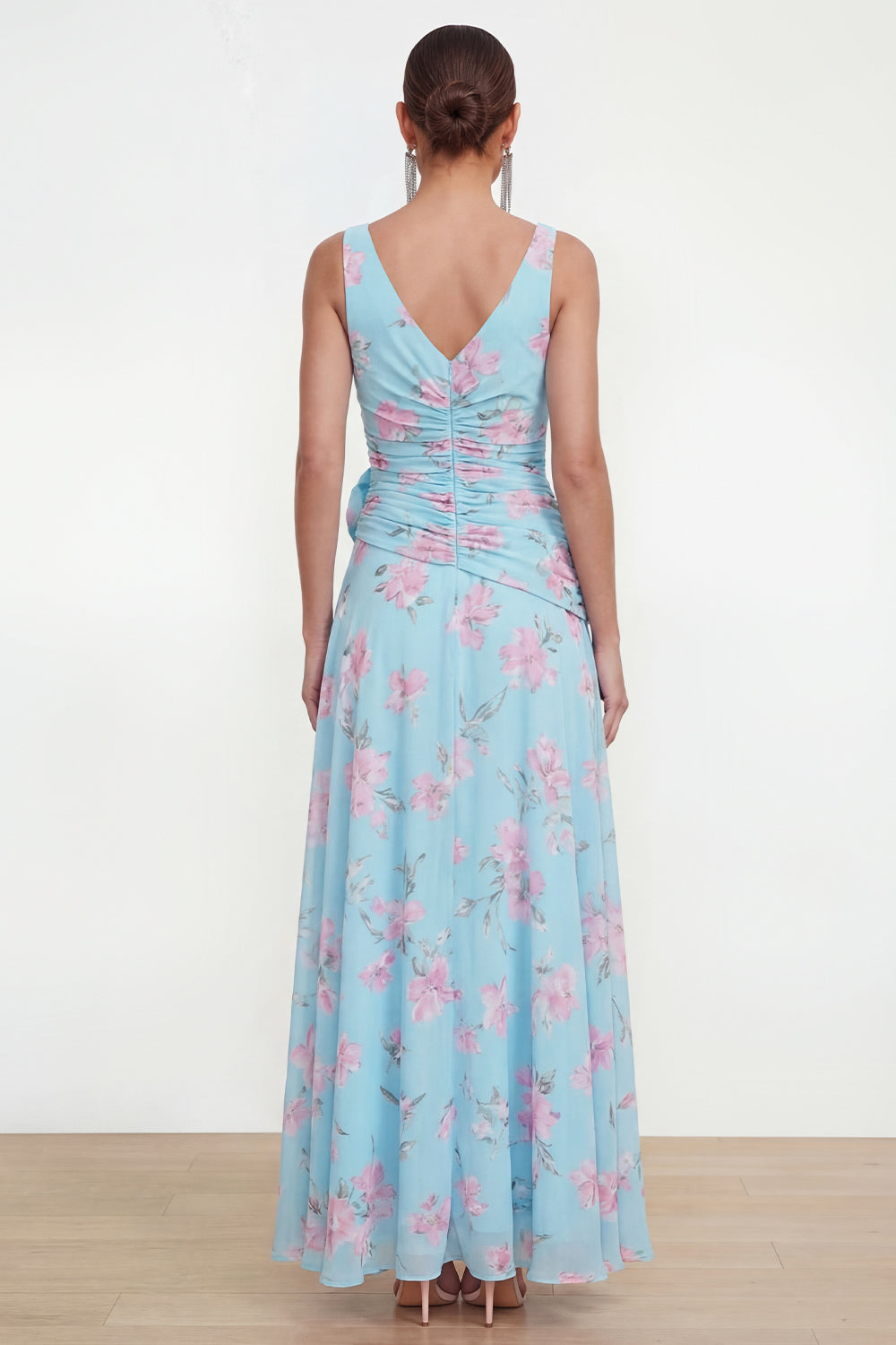 Ruffled Maxi Blue Pink Flower Formal Dress with Slit