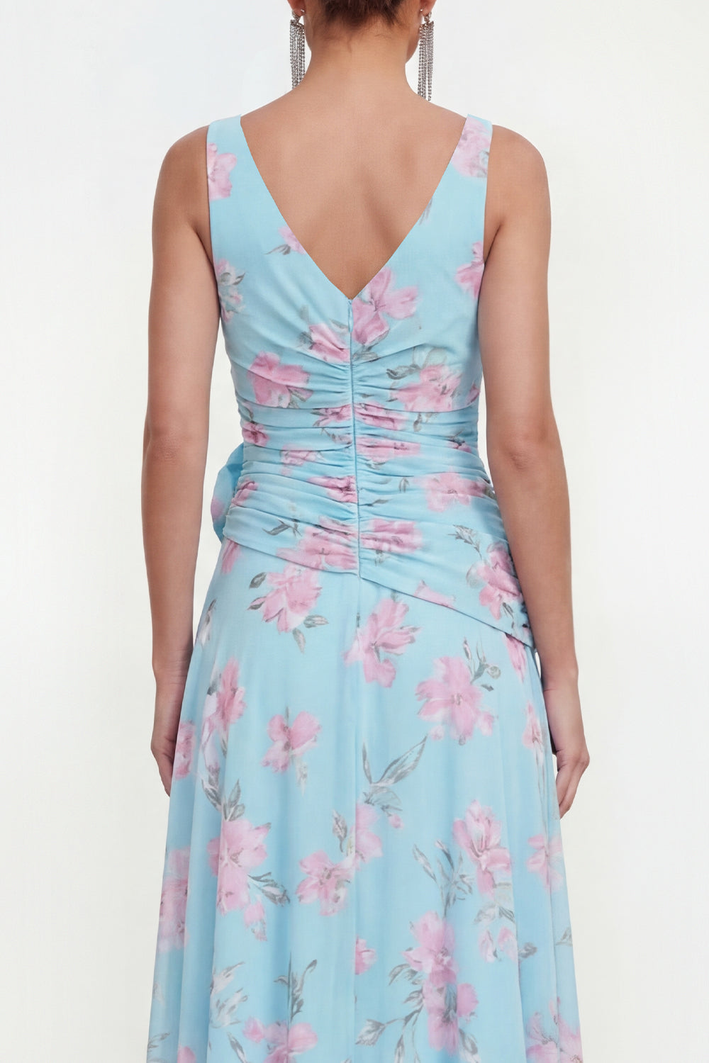 Ruffled Maxi Blue Pink Flower Formal Dress with Slit