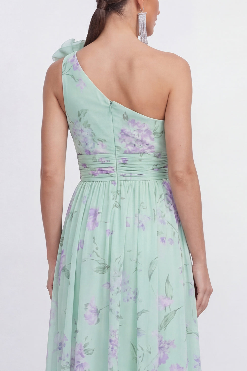 Ruched Maxi Green Purple Flower A Line Formal Dress