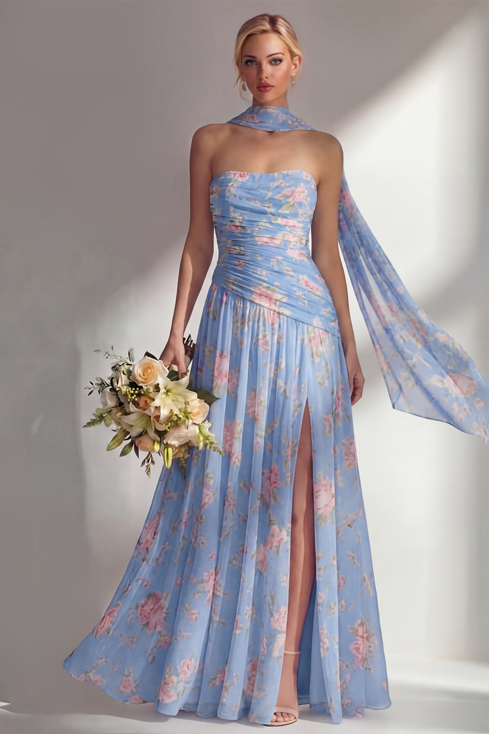 Blue Pink Flower Strapless Ruched Long Neck Scarf Boho Wedding Guest Dress with Slit