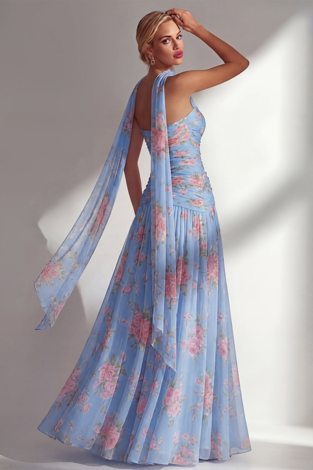 Blue Pink Flower Strapless Ruched Long Neck Scarf Boho Wedding Guest Dress with Slit