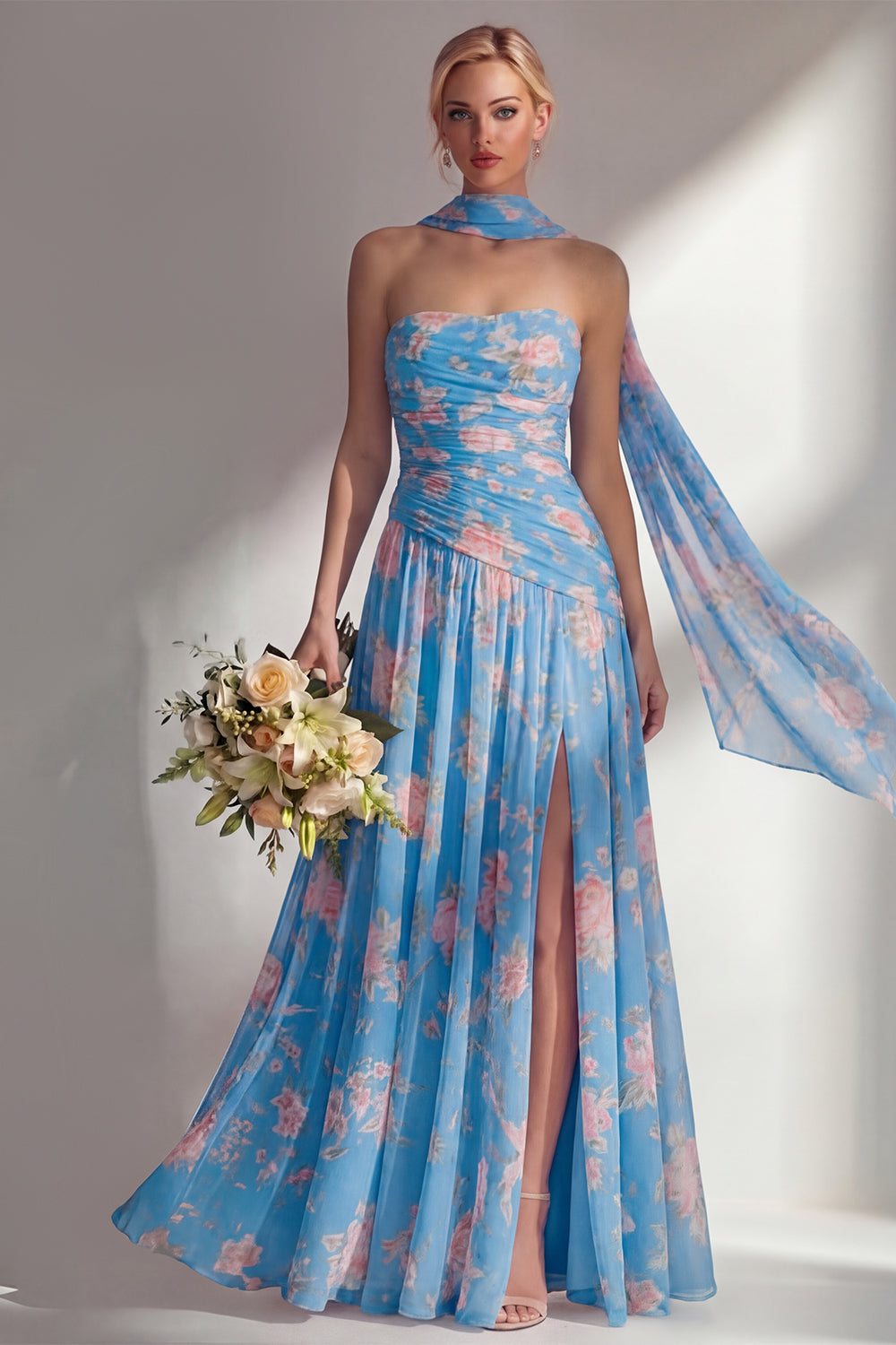 Blue Pink Flower Strapless Ruched Long Neck Scarf Boho Wedding Guest Dress with Slit
