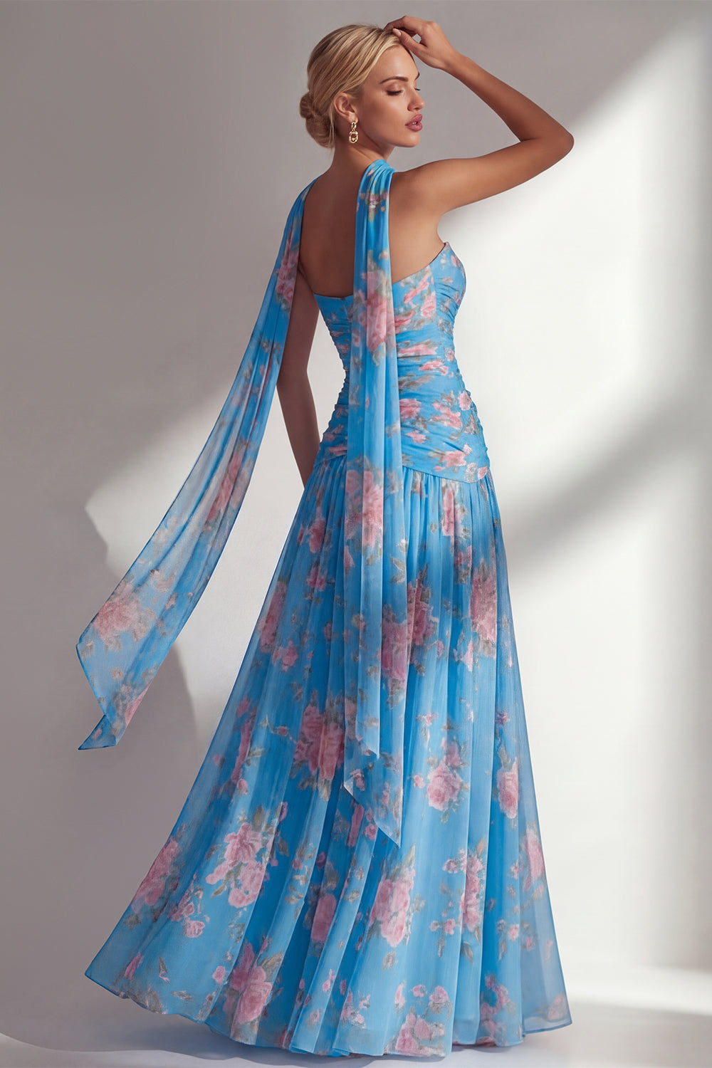 Blue Pink Flower Strapless Ruched Long Neck Scarf Boho Wedding Guest Dress with Slit