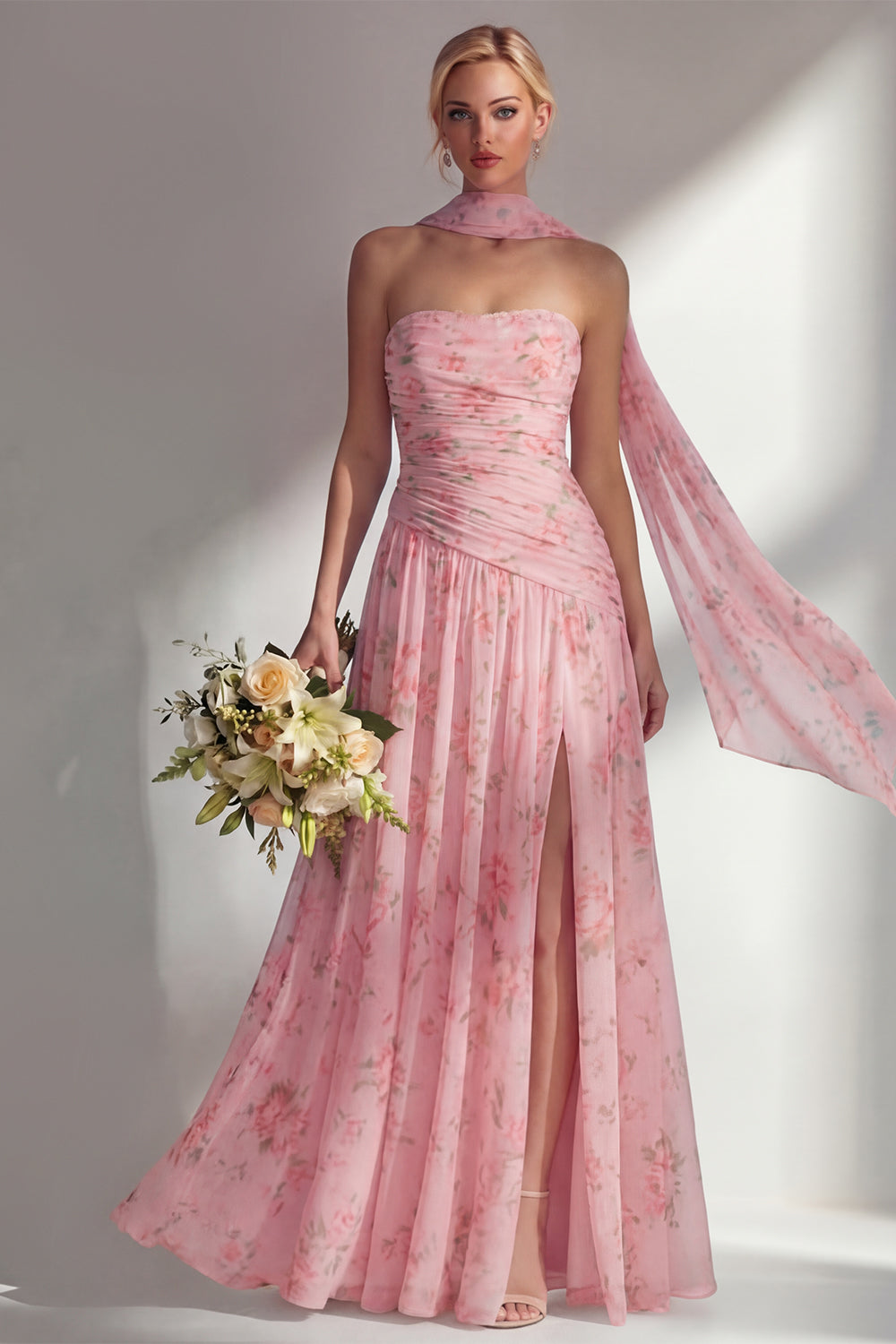 Blue Pink Flower Strapless Ruched Long Neck Scarf Boho Wedding Guest Dress with Slit