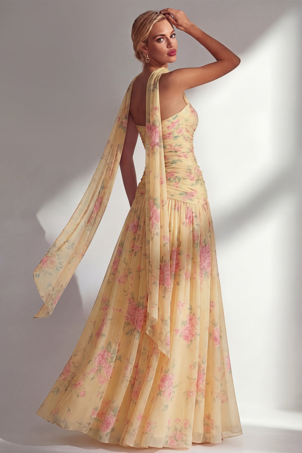 Blue Pink Flower Strapless Ruched Long Neck Scarf Boho Wedding Guest Dress with Slit