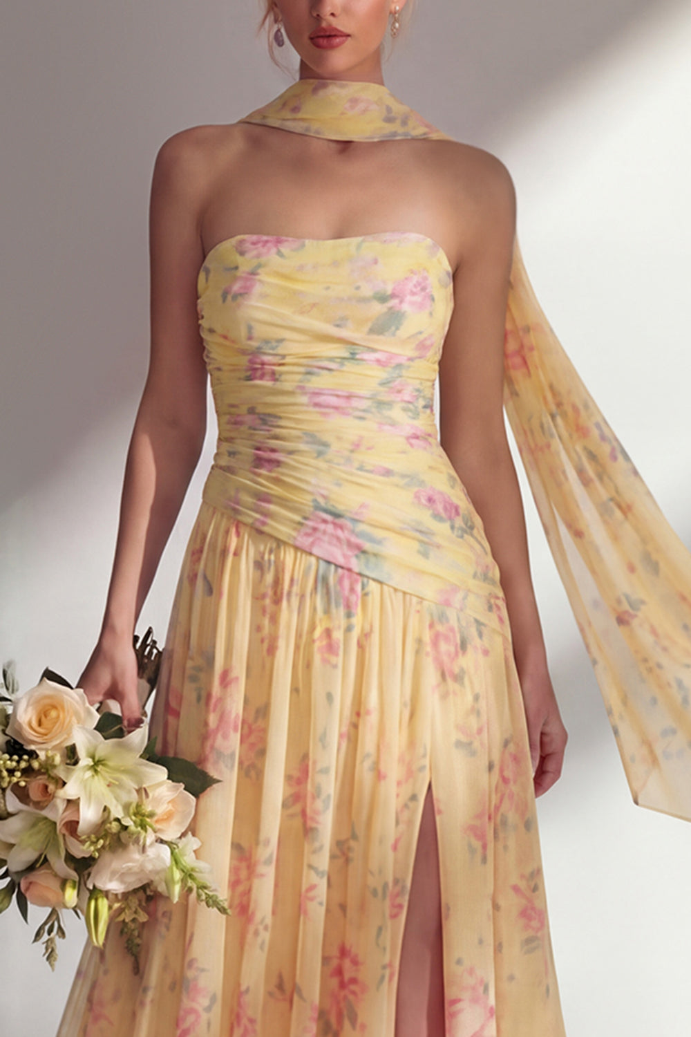 Blue Pink Flower Strapless Ruched Long Neck Scarf Boho Wedding Guest Dress with Slit