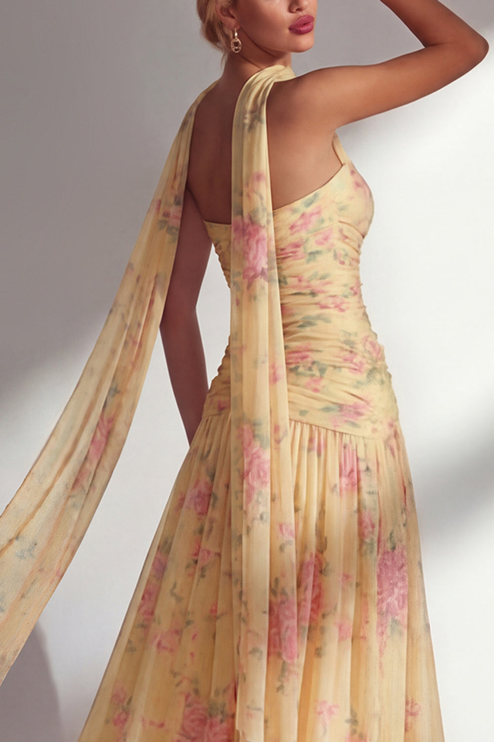 Blue Pink Flower Strapless Ruched Long Neck Scarf Boho Wedding Guest Dress with Slit