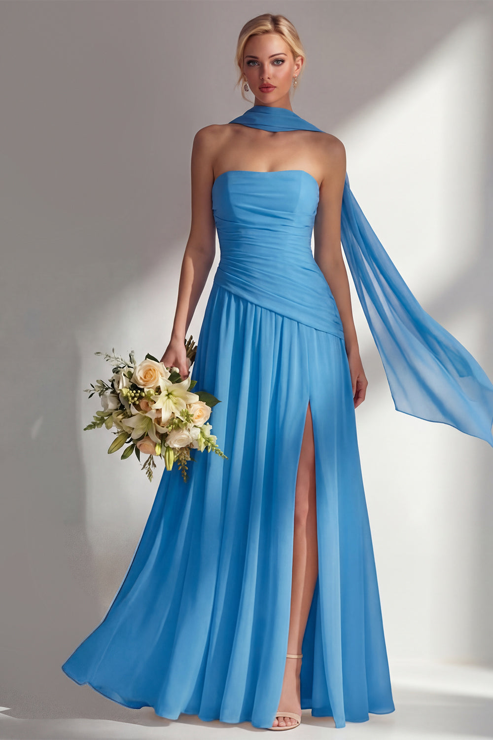 Strapless Ruched Long Blue Neck Scarf Boho Wedding Guest Dress with Slit