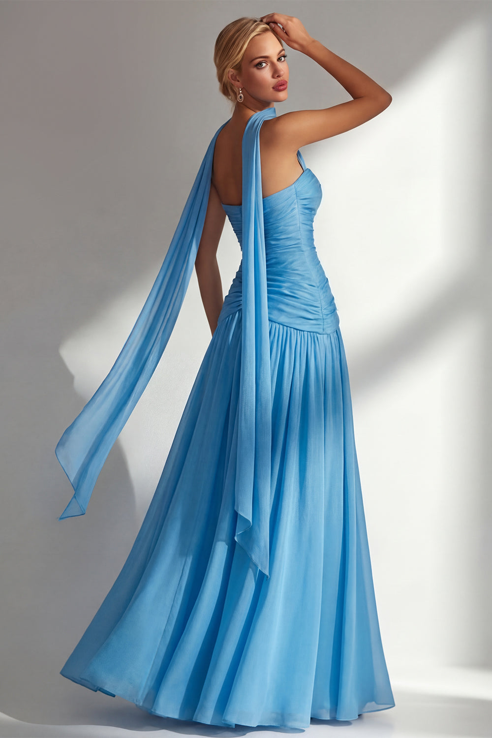 Strapless Ruched Long Blue Neck Scarf Boho Wedding Guest Dress with Slit
