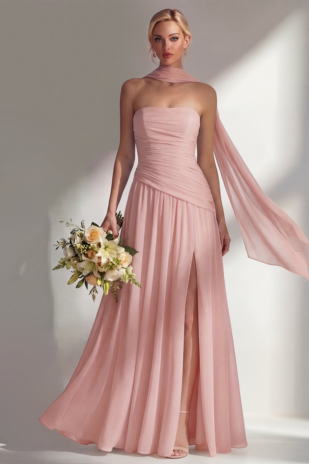 Strapless Ruched Long Blue Neck Scarf Boho Wedding Guest Dress with Slit