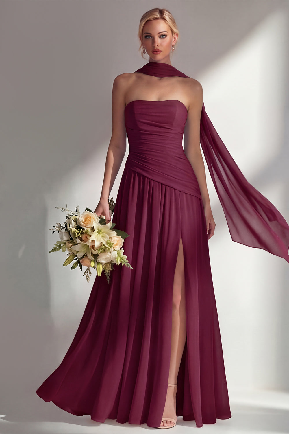 Strapless Ruched Long Blue Neck Scarf Boho Wedding Guest Dress with Slit