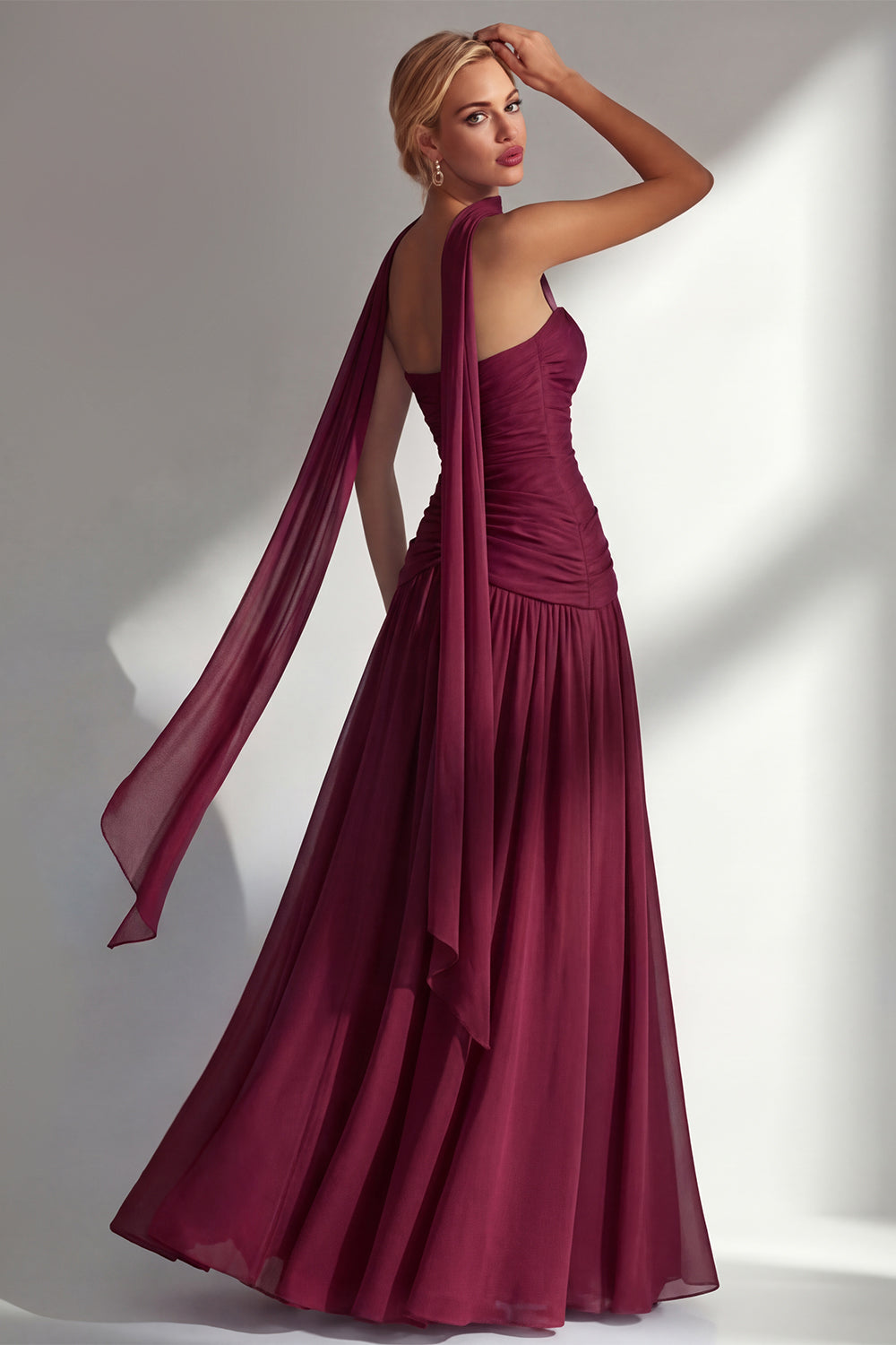 Strapless Ruched Long Blue Neck Scarf Boho Wedding Guest Dress with Slit