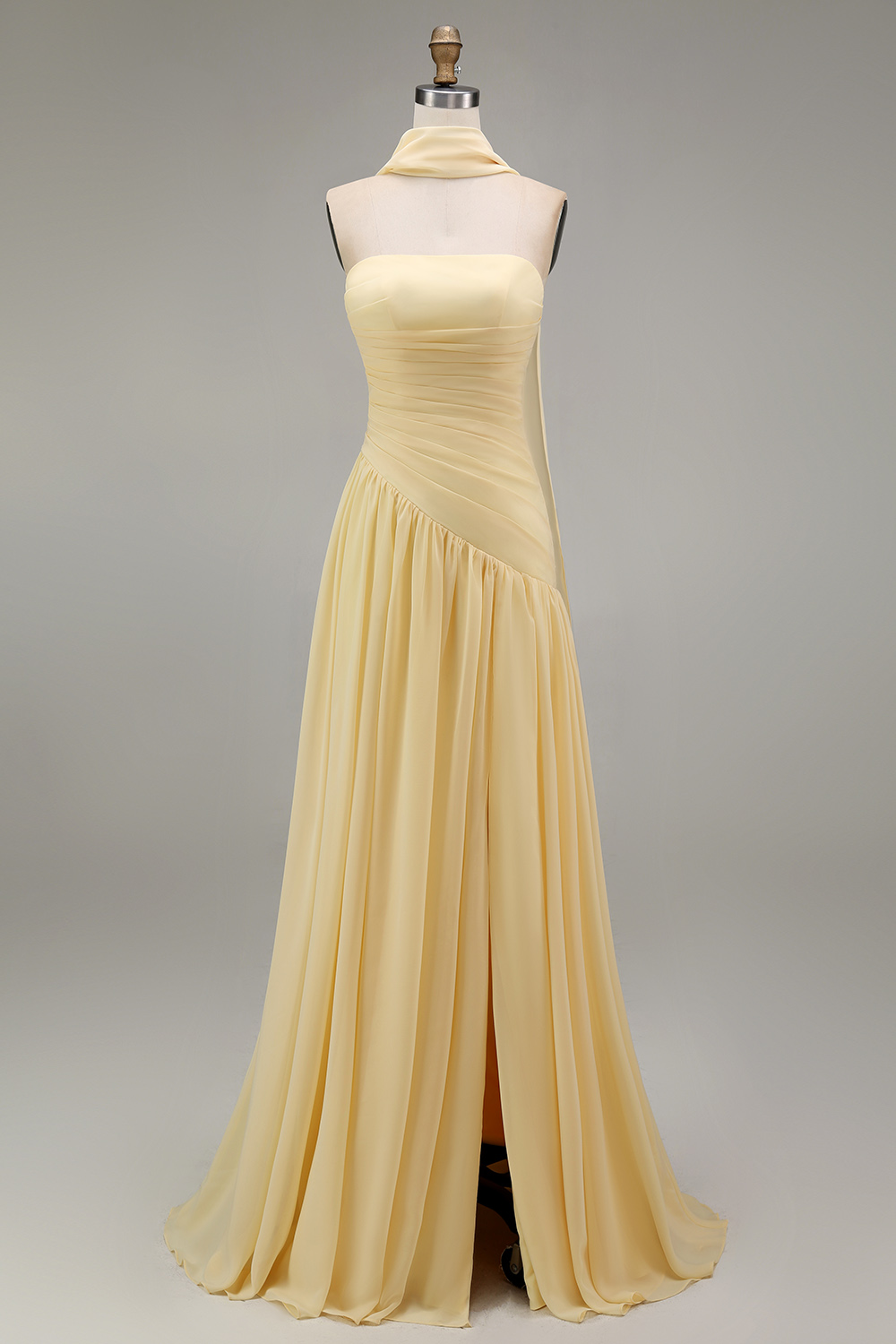 Strapless Ruched Long Orange Neck Scarf Boho Wedding Guest Dress with Slit
