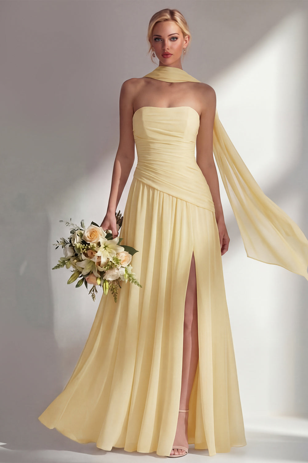 Strapless Ruched Long Blue Neck Scarf Boho Wedding Guest Dress with Slit